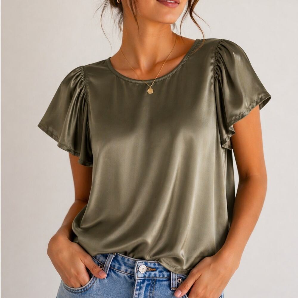 Nation Los Angeles Sage Green Satin Ruffle Sleeve Blouse